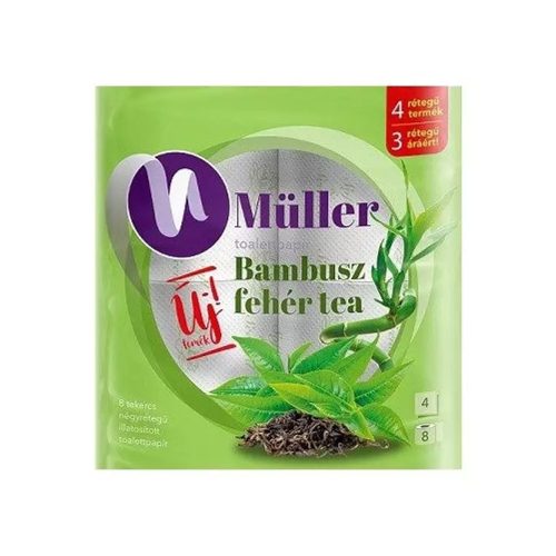 Toalettpapír 4 rétegű 100 százalék  cellulóz 8 tekercs/csomag Bambusz Müller fehér tea