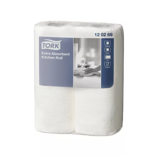 Papírtörlő konyhai 2 rétegű átmérő: 10,7 cm 64 lap/15,23 méter/tekercs 2 tekercs/csomag Premium Tork_120269 fehér