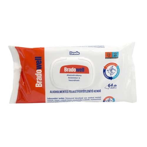 Nedves törlőkendő fertőtlenítő hatással 64 lap/csomag alkoholmentes Bradowell