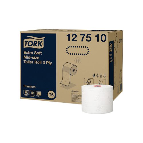 Toalettpapír 3 rétegű duplatekercses átmérő 13,2 cm 70 m/tek 27 tekercs/karton Premium Mid-size T6 Tork_127510 fehér