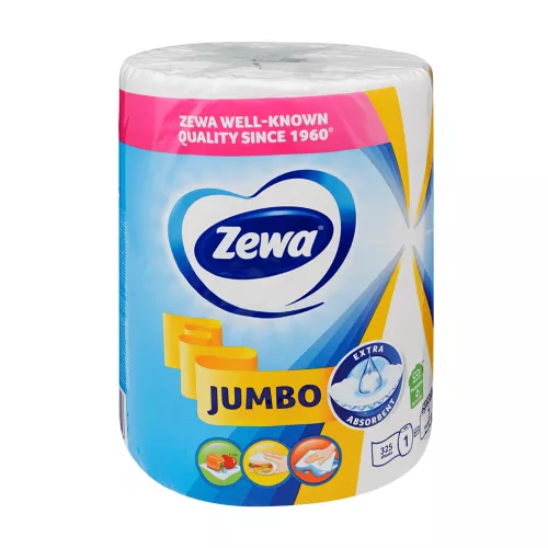 Papírtörlő konyhai 2 rétegű átmérő: 18 cm 325 lap/76,1 méter/tekercs 1 tekercs/csomag  Zewa Jumbo_fehér