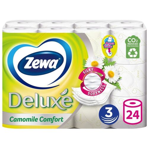 Toalettpapír 3 rétegű kistekercses 100 százalék  cellulóz 24 tekercs/csomag Deluxe Zewa Camomile Comfort hófehér