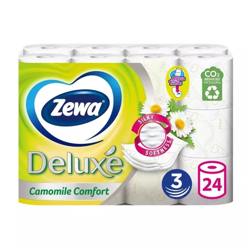 Toalettpapír 3 rétegű kistekercses 100 százalék  cellulóz 150 lap/tekercs 24 tekercs/csomag Deluxe Zewa Camomile Comfort hófehér