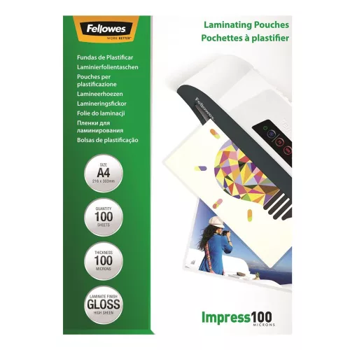 Lamináló fólia, A4, 100 mikron, fényes, 100 db/doboz, Fellowes&reg;