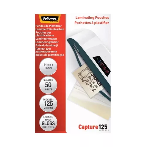 Lamináló fólia, 54x86mm, 125 mikron, fényes, 50 db/doboz, Fellowes&reg;
