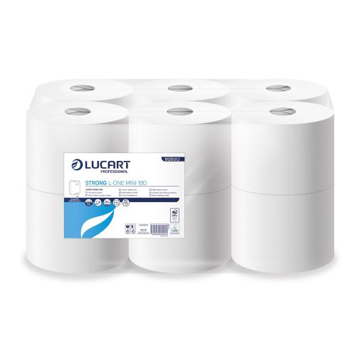 Toalettpapír 2 rétegű közületi átmérő18,2 cm laponkénti adagolás 12 tek/csom Strong L-One Mini Lucart_812501J hófehér