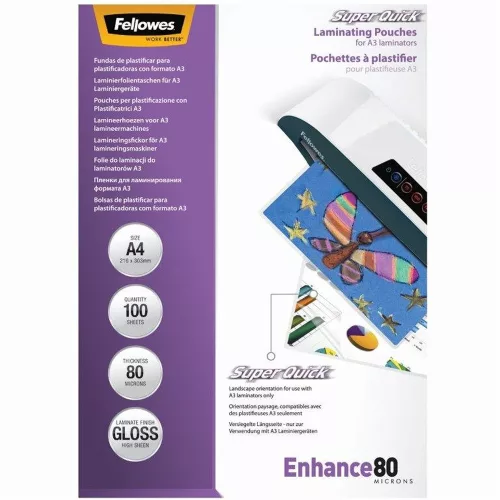 Lamináló fólia, A4, 80 mikron, fényes, 100 db/doboz, SuperQuick Fellowes&reg;