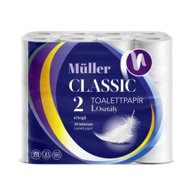   Toalettpapír 2 rétegű kistekercses 100 százalék  cellulóz 100 lap/tekercs 24 tekercs/csomag Müller Classic