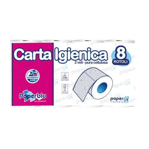 Toalettpapír 2 rétegű kistekercses 100 százalék cellulóz 150 lap/15,75 m/tekercs 8 tekercs/csomag Paperblu Carta Igienica_Paperdi