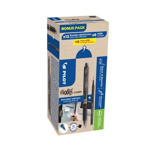 Rollertoll 0,5mm, törölhető Pilot Frixion Clicker GreenPack, 12 toll + 12betét, írásszín fekete