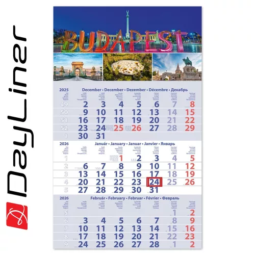 Speditőr naptár 1 tömb, 3 hónap Primus Club 300 × 480 mm, fehér lapokkal Budapest Dayliner 2027.