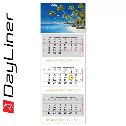 Speditőr naptár 3 tömb, 3 hónap SP-3 330 × 880 mm, fehér lapokkal Vízpart Dayliner 2027.