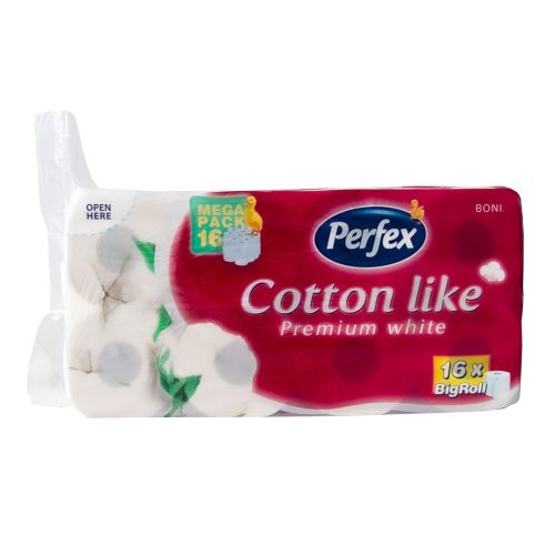 Toalettpapír 3 rétegű kistekercses 100 százalék  cellulóz 180 lap/16 tekercs/csomag Premium Cotton Like Boni Perfex hófehér