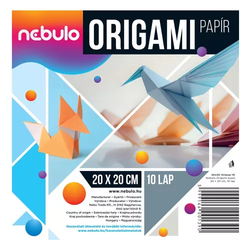 Origami papír 20x20 cm, vegyes színek, 10 lap/csomag, Nebulo