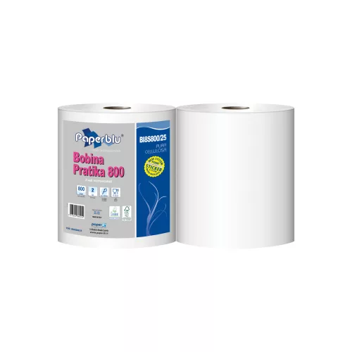 Ipari törlő 2 rétegű tekercses átmérő 26 cm 800 lap/tek 2 tekercs/zsugor Paperdi Bobina Pratika 800_BI8S800/25_fehér