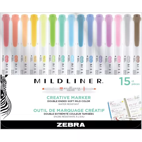 Szövegkiemelő készlet, 1,4/4 mm, kétvégű, Zebra Mildliner Highlighter, 15 különböző szín