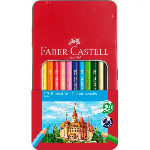 Színes ceruza készlet hatszögletű kastélyos fém dobozban Faber-Castell 12klf. szín
