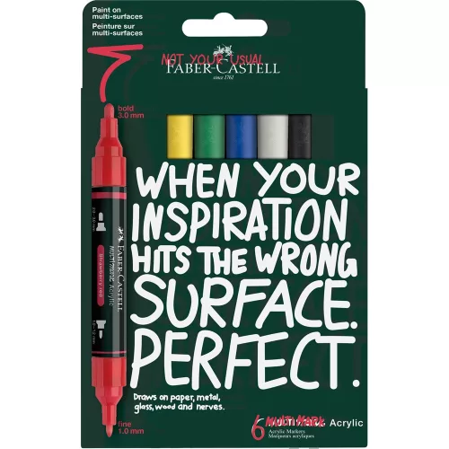 Akril marker készlet, kétvégű MULTIMARK alapszínek Faber-Castell fehér, sárga, eperpiros, zöld, kék, fekete 6klf. szín