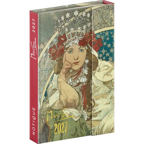 Határidőnapló mágnessel záródó, heti, fehér lapokkal Alphonse Mucha 110x160mm, Presco