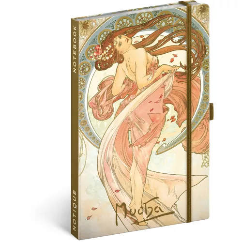 Keménytáblás notesz krémszínű lapokkal, vonalas, leszorító gumiszalaggal Alphonse Mucha – Dance 130x210mm, Presco