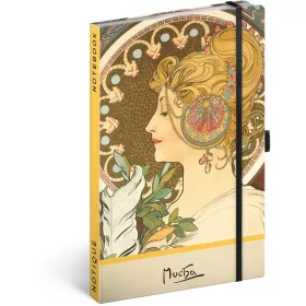   Keménytáblás notesz krémszínű lapokkal, pontozott, leszorító gumiszalaggal Alphonse Mucha – Feather 130x210mm, Presco
