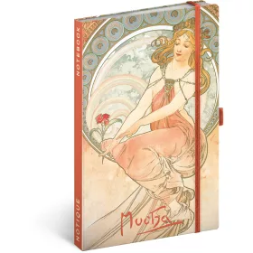   Keménytáblás notesz krémszínű lapokkal, vonalas, leszorító gumiszalaggal Alphonse Mucha – Painting 130x210mm, Presco