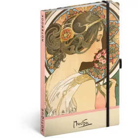  Keménytáblás notesz krémszínű lapokkal, pontozott, leszorító gumiszalaggal Alphonse Mucha – Primrose 130x210mm, Presco
