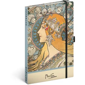   Keménytáblás notesz krémszínű lapokkal, pontozott, leszorító gumiszalaggal Alphonse Mucha – Zodiac 130x210mm, Presco