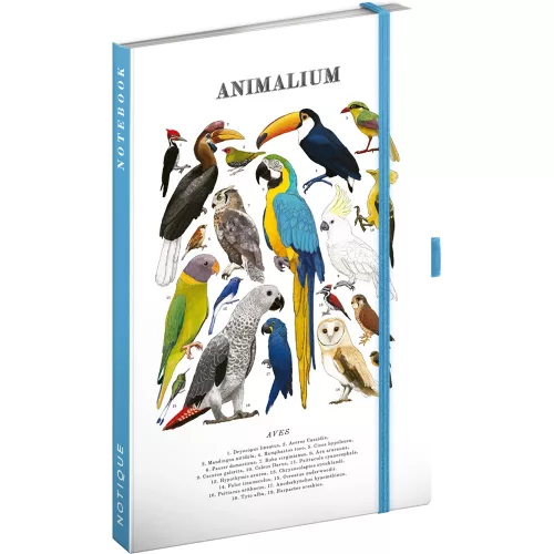 Keménytáblás notesz krémszínű lapokkal, vonalas, leszorító gumiszalaggal Animalium – Birds 130x210mm, Presco