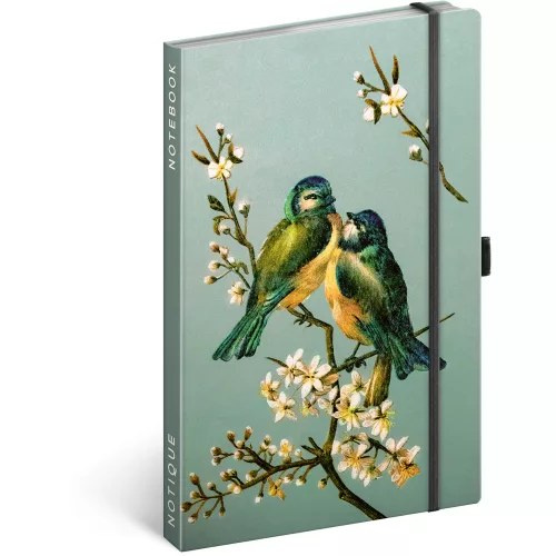 Keménytáblás notesz krémszínű lapokkal, pontozott, leszorító gumiszalaggal Birds 130x210mm, Presco