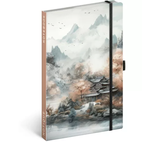 Keménytáblás notesz krémszínű lapokkal, vonalas, leszorító gumiszalaggal Japan 130x210mm, Presco