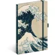 Keménytáblás notesz krémszínű lapokkal, vonalas, leszorító gumiszalaggal Katsushika Hokusai 130x210mm, Presco