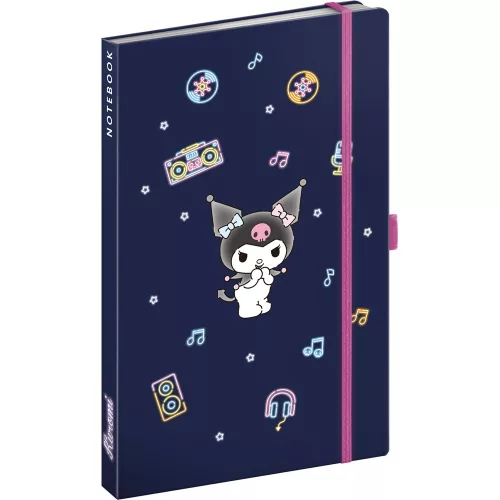 Keménytáblás notesz krémszínű lapokkal, vonalas, leszorító gumiszalaggal Kuromi 130x210mm, Presco