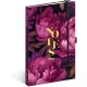 Keménytáblás notesz krémszínű lapokkal, vonalas, leszorító gumiszalaggal Purple Flowers 130x210mm, Presco