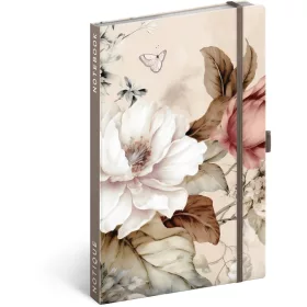   Keménytáblás notesz krémszínű lapokkal, vonalas, leszorító gumiszalaggal Powder Flower 130x210mm, Presco