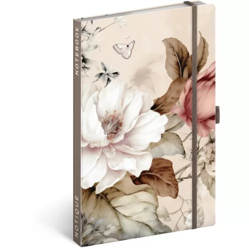 Keménytáblás notesz krémszínű lapokkal, vonalas, leszorító gumiszalaggal Powder Flower 130x210mm, Presco