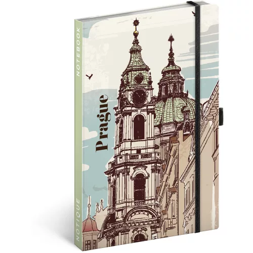 Keménytáblás notesz krémszínű lapokkal, vonalas, leszorító gumiszalaggal Prague 130x210mm, Presco