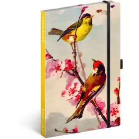   Keménytáblás notesz krémszínű lapokkal, vonalas, leszorító gumiszalaggal Birds – Sakura 130x210mm, Presco