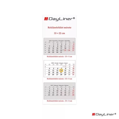 Speditőr naptár 3 tömb, 3 hónap SP-3 330 × 880 mm, fehér lapokkal Fejrész üres Dayliner 2027.