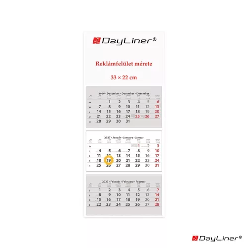 Speditőr naptár 3 tömb, 3 hónap SP-30 330 × 760 mm, fehér lapokkal Fejrész üres Dayliner 2027.