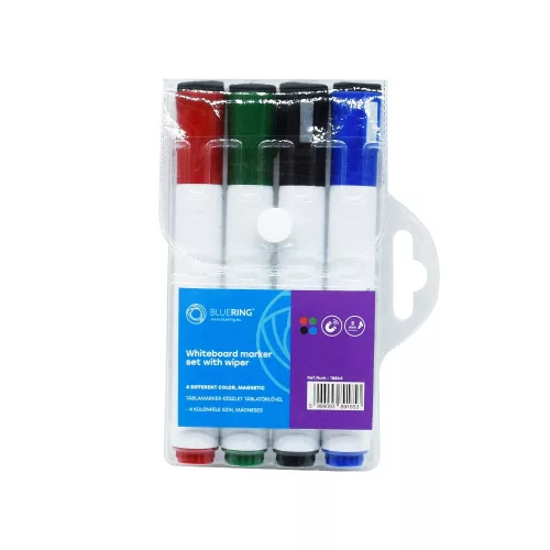 Táblamarker készlet, 3mm, mágneses, törlővel multifunkciós kerek Bluering&reg;, 4 klf. szín