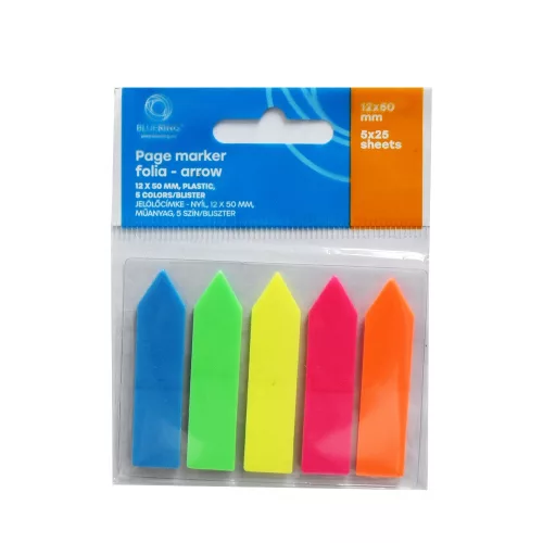 Jelölőcímke 12x50mm, 5x25lap, műanyag nyíl Bluering&reg; 5 klf. szín