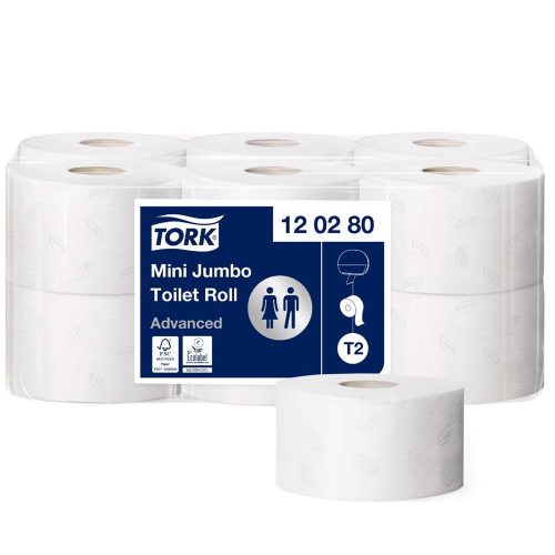 Toalettpapír 2 rétegű közületi átmérő 18,8 cm 850 lap/170 m/tekercs 12 tekercs/karton Mini Jumbo Tork_120280 fehér